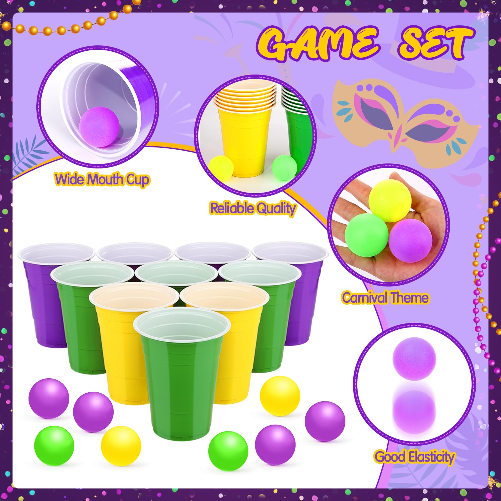 Acellegic 22 Pcs Mardi Gras Party Cup Set – 16oz Purple Green Yellow Cups & Carnival Balls for Indoor Outdoor Parties