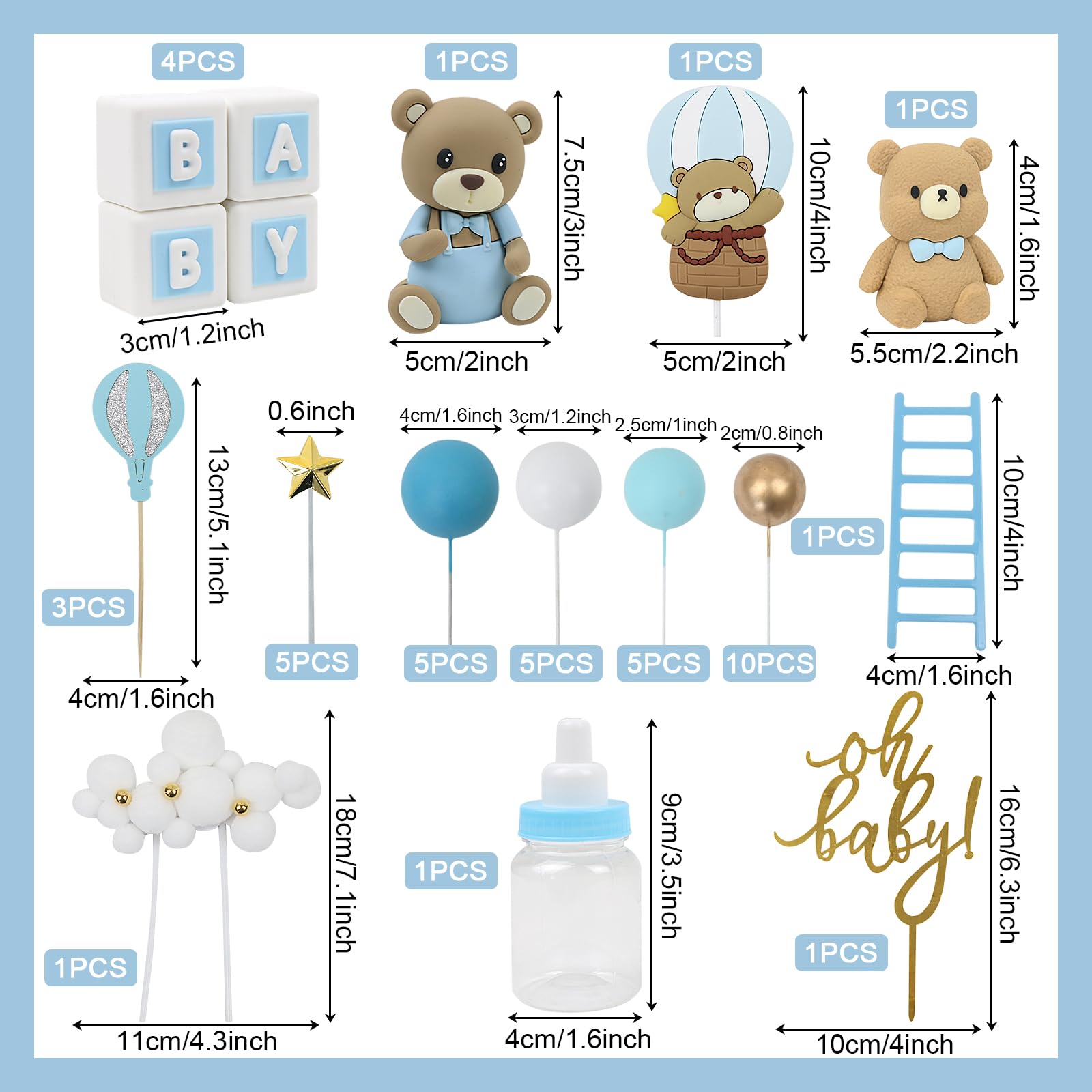 Acmee 44 PCS Bear Cake Toppers – Blue Bears, BABY Letters & Milk Bottle Decor