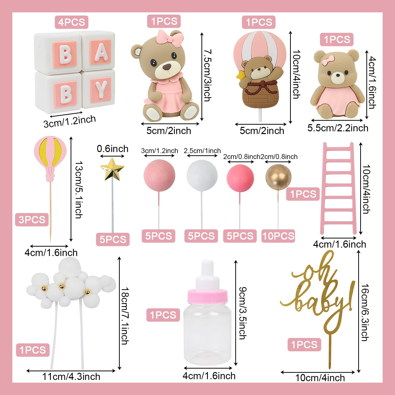 Acmee 44 PCS Bear Cake Toppers – Pink Baby Shower & Birthday Party Decorations