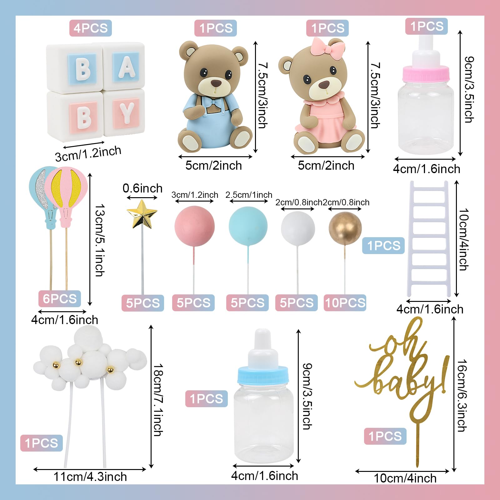 Acmee 47 Pcs Bear Cake Toppers – Gender Reveal & Baby Shower Decoration Kit