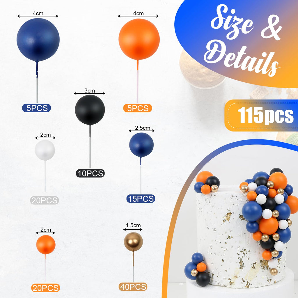 Acmee 115 PCS Ball Cake Toppers – Navy Blue, Orange, White & Gold Foam Ball Picks