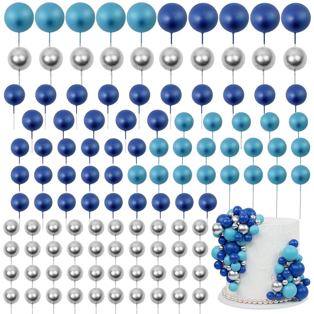Acmee 115 Pcs Ball Cake Toppers – Blue & Silver Foam Ball Picks for Birthday, Wedding & More