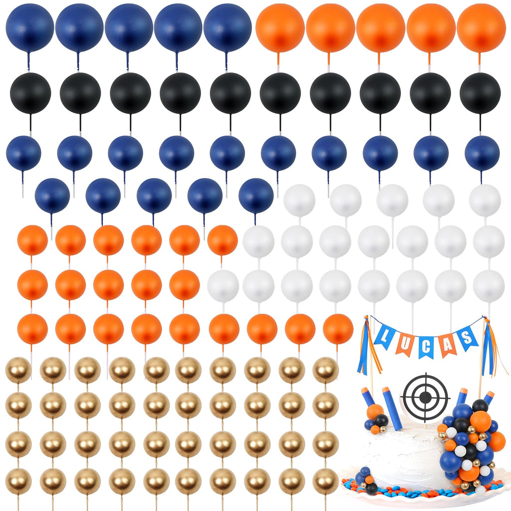 Acmee 115 PCS Ball Cake Toppers – Navy Blue, Orange, White & Gold Foam Ball Picks