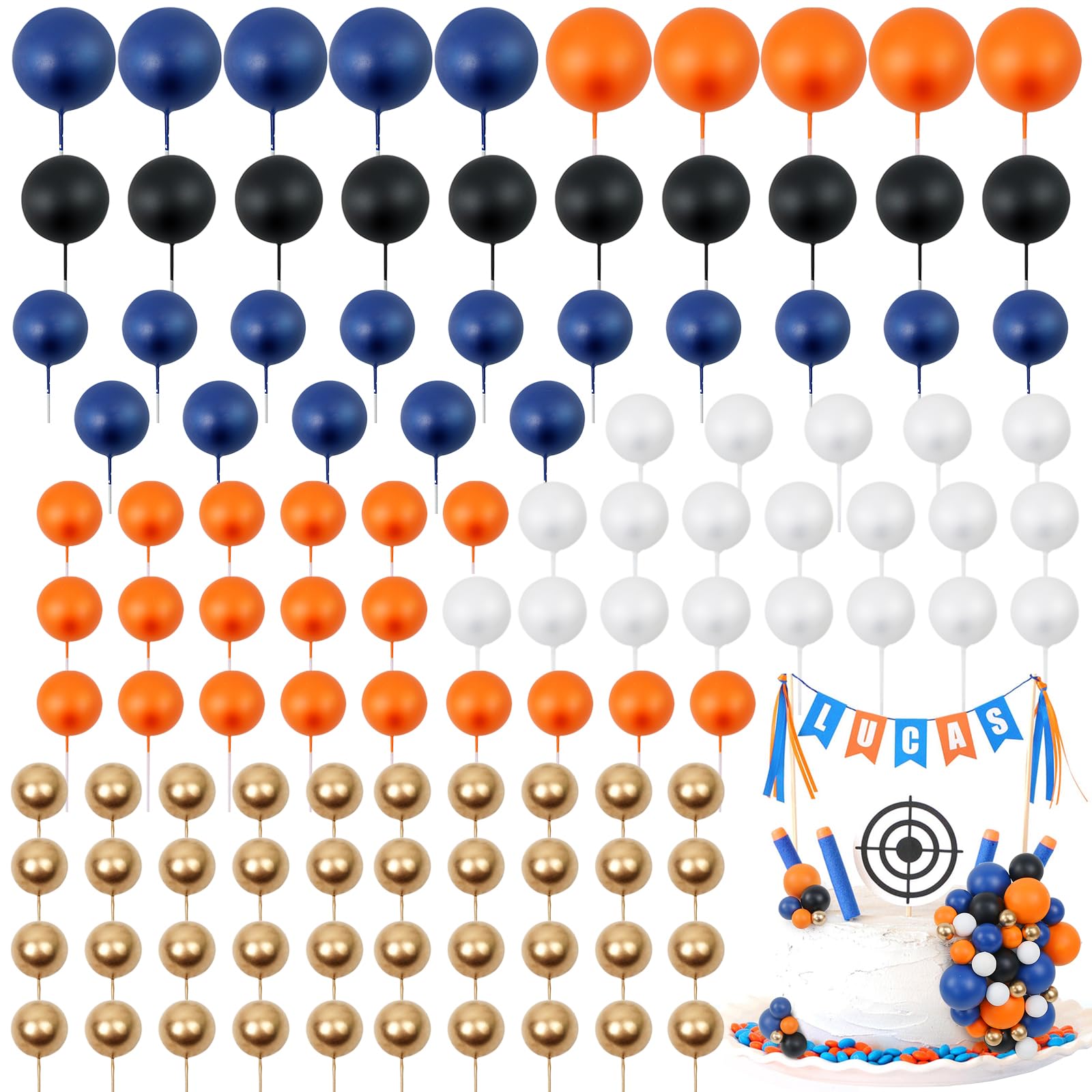 Acmee 115 PCS Ball Cake Toppers – Navy Blue, Orange, White & Gold Foam Ball Picks