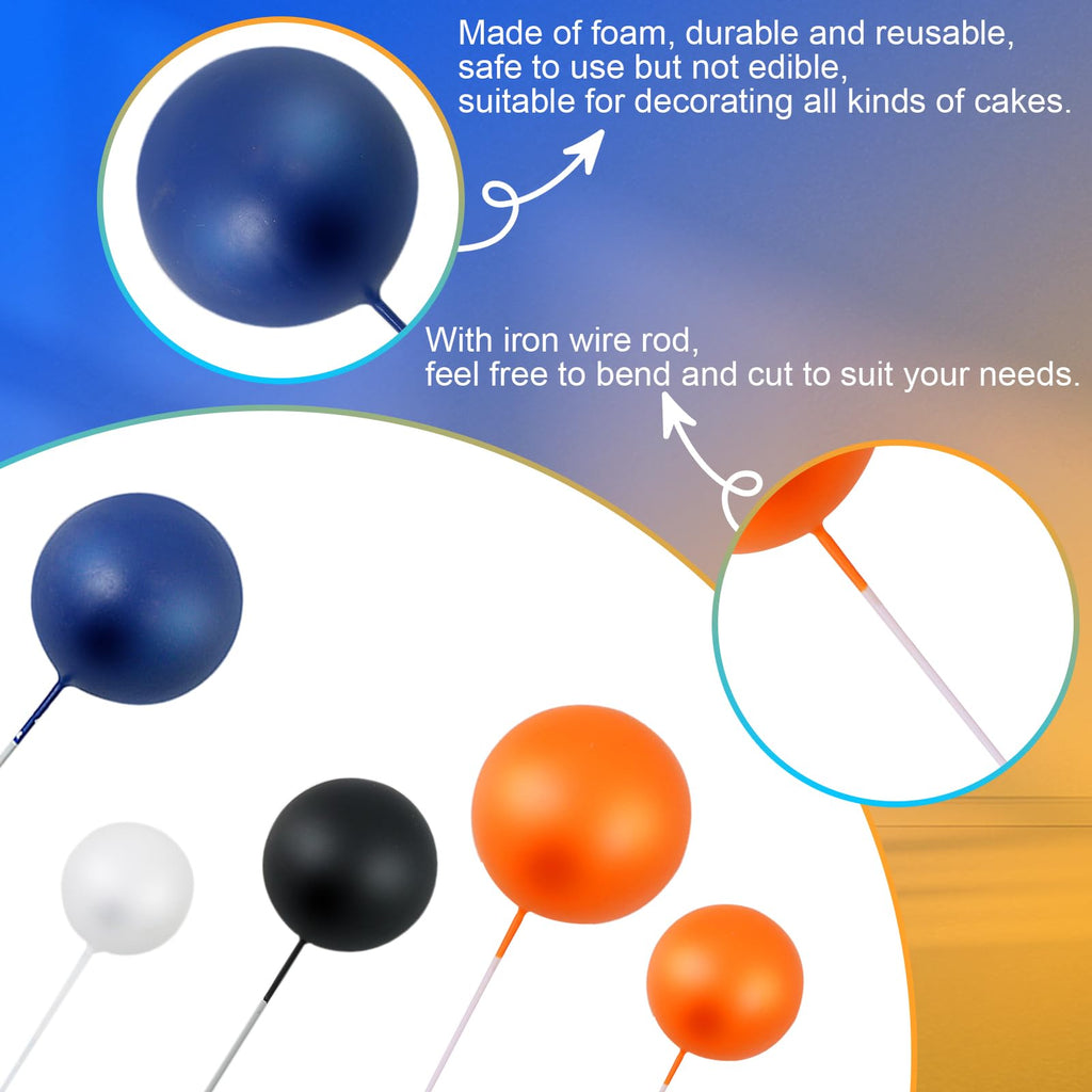 Acmee 115 PCS Ball Cake Toppers – Navy Blue, Orange, White & Gold Foam Ball Picks