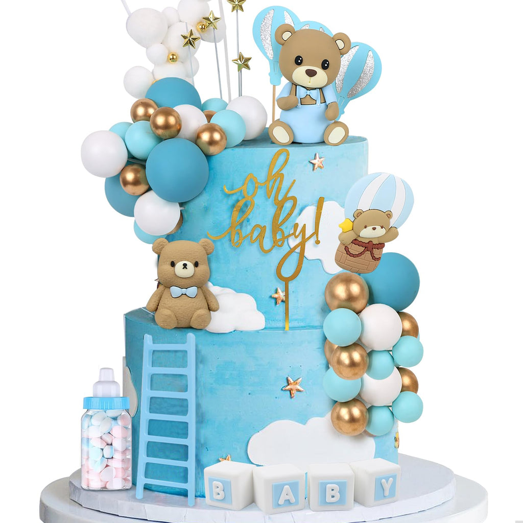 Acmee 44 PCS Bear Cake Toppers – Blue Bears, BABY Letters & Milk Bottle Decor