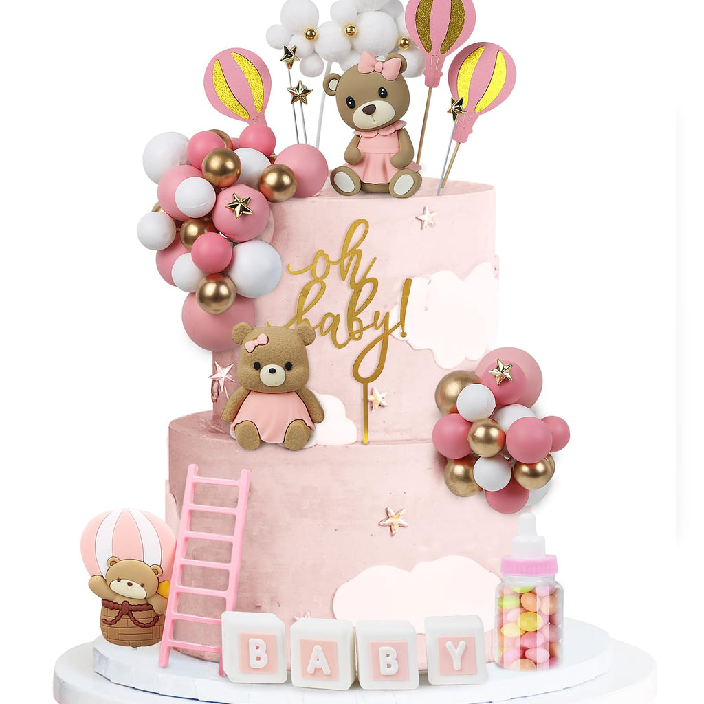 Acmee 44 PCS Bear Cake Toppers – Pink Baby Shower & Birthday Party Decorations