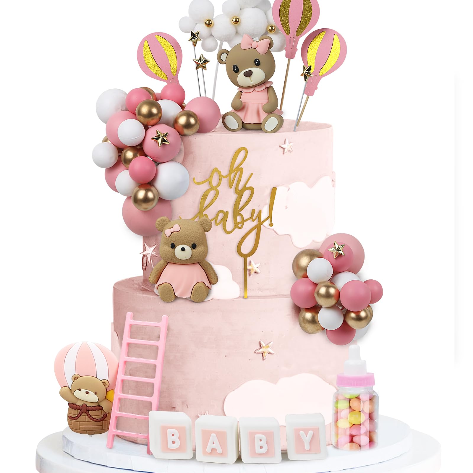 Acmee 44 PCS Bear Cake Toppers – Pink Baby Shower & Birthday Party Decorations