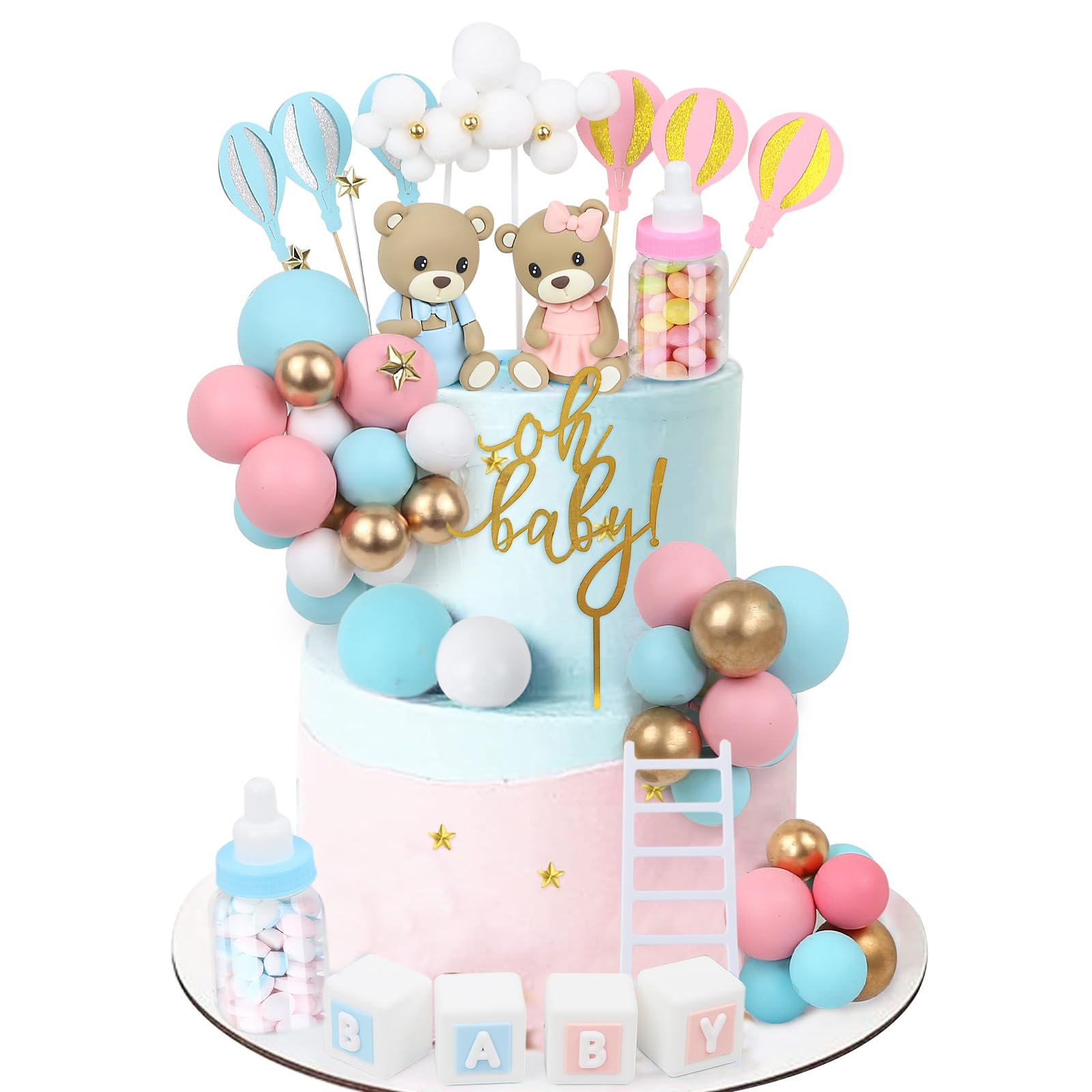 Acmee 47 Pcs Bear Cake Toppers – Gender Reveal & Baby Shower Decoration Kit
