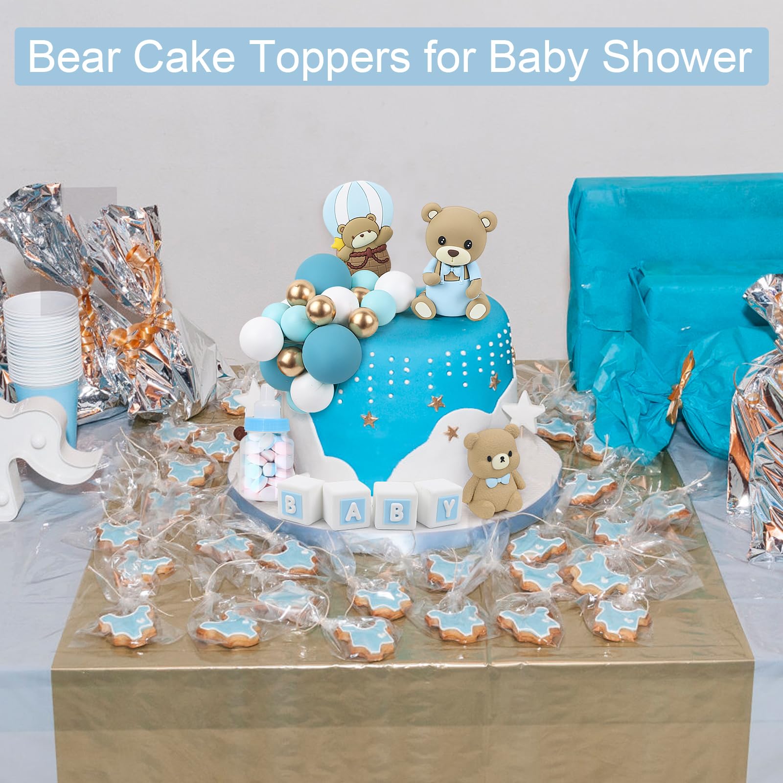 Acmee 44 PCS Bear Cake Toppers – Blue Bears, BABY Letters & Milk Bottle Decor