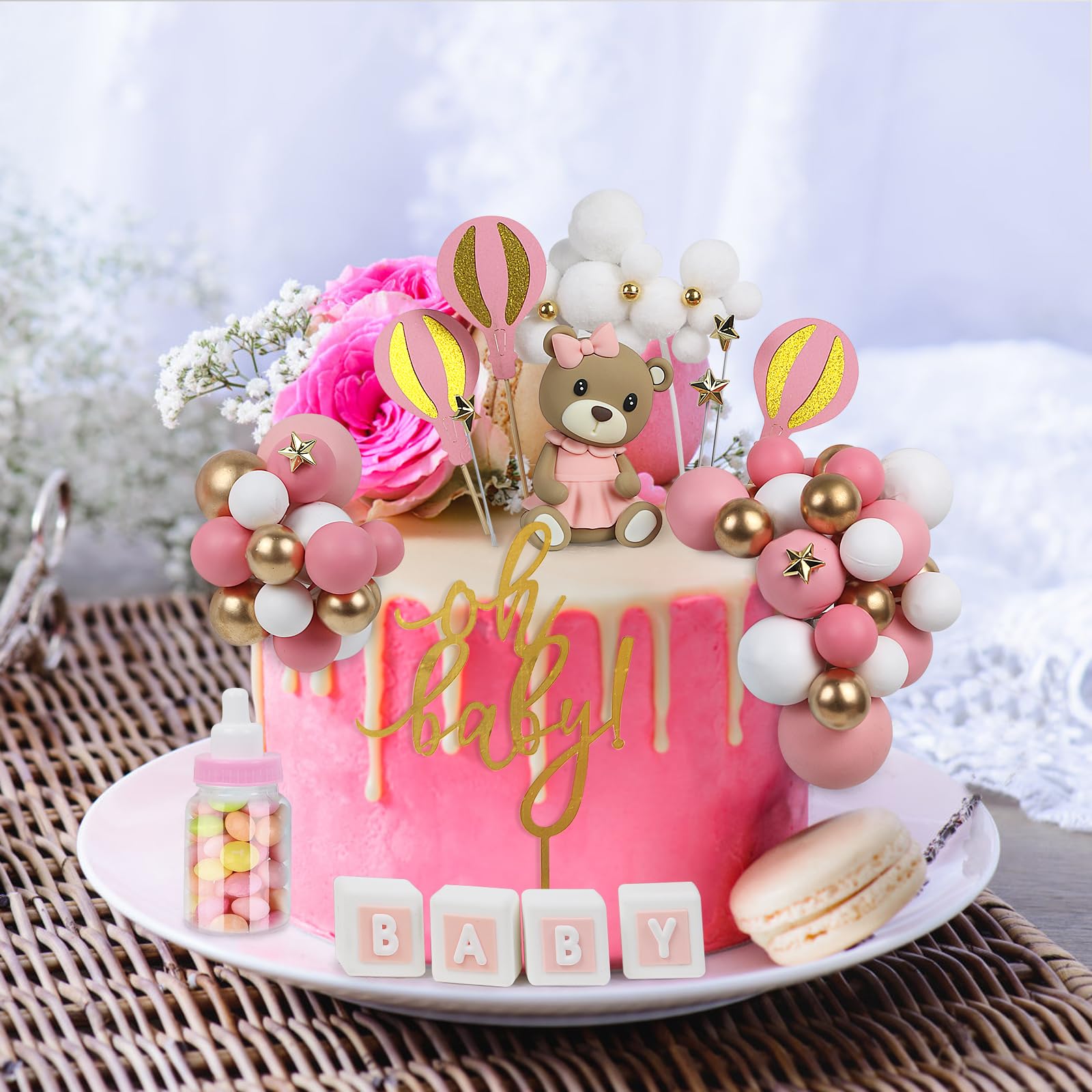 Acmee 44 PCS Bear Cake Toppers – Pink Baby Shower & Birthday Party Decorations