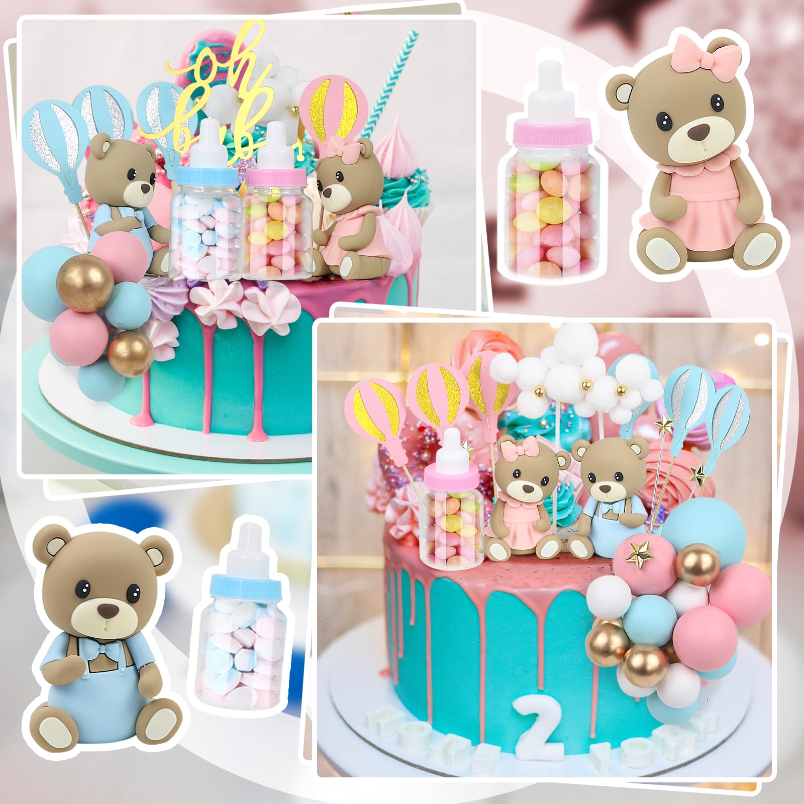 Acmee 47 Pcs Bear Cake Toppers – Gender Reveal & Baby Shower Decoration Kit