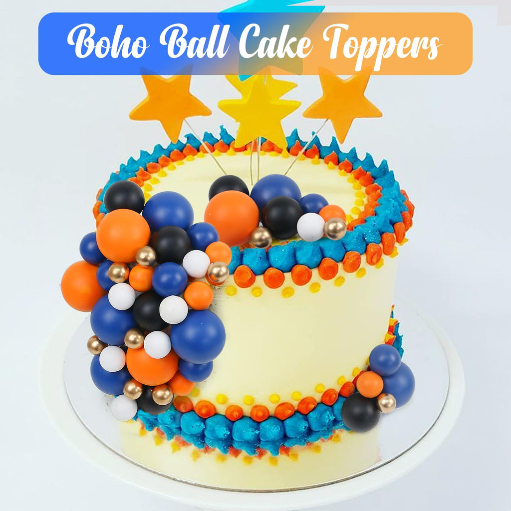 Acmee 115 PCS Ball Cake Toppers – Navy Blue, Orange, White & Gold Foam Ball Picks