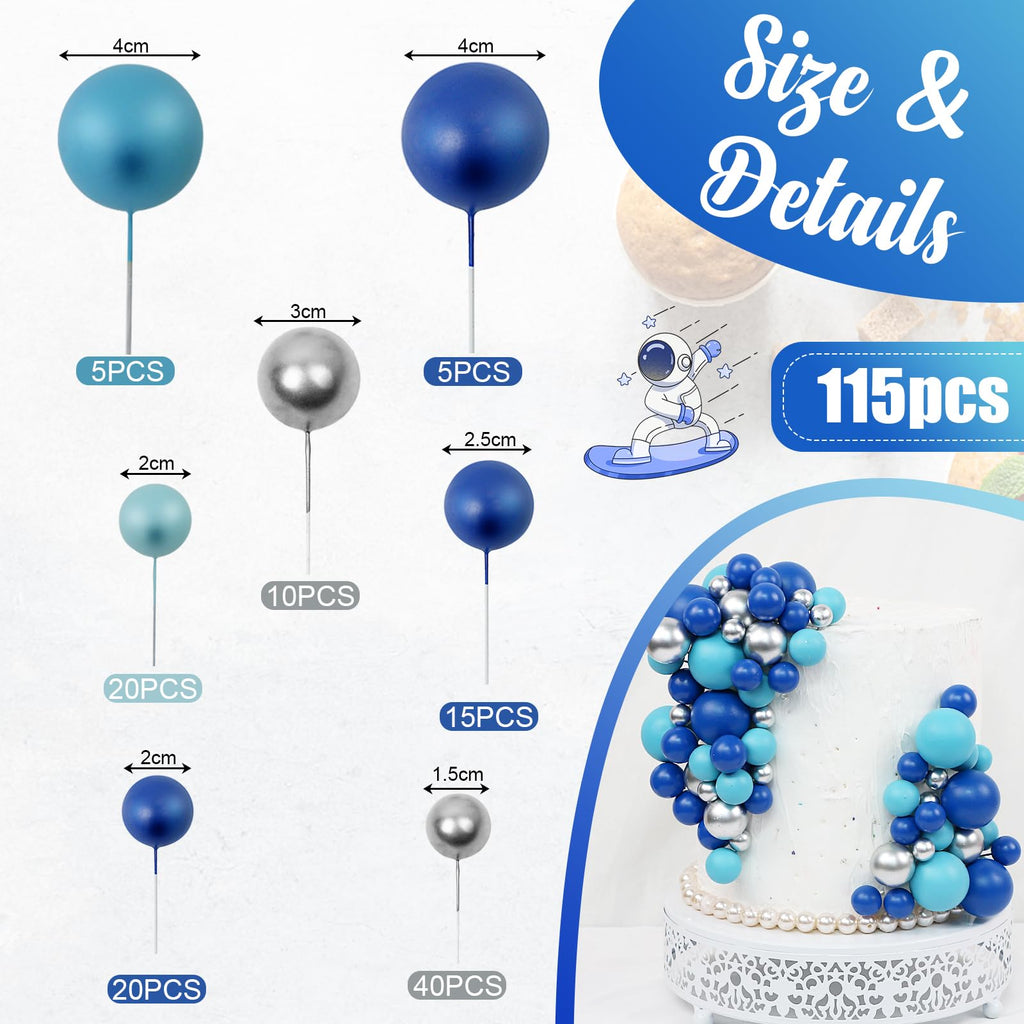 Acmee 115 Pcs Ball Cake Toppers – Blue & Silver Foam Ball Picks for Birthday, Wedding & More