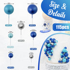 Acmee 115 Pcs Ball Cake Toppers – Blue & Silver Foam Ball Picks for Birthday, Wedding & More