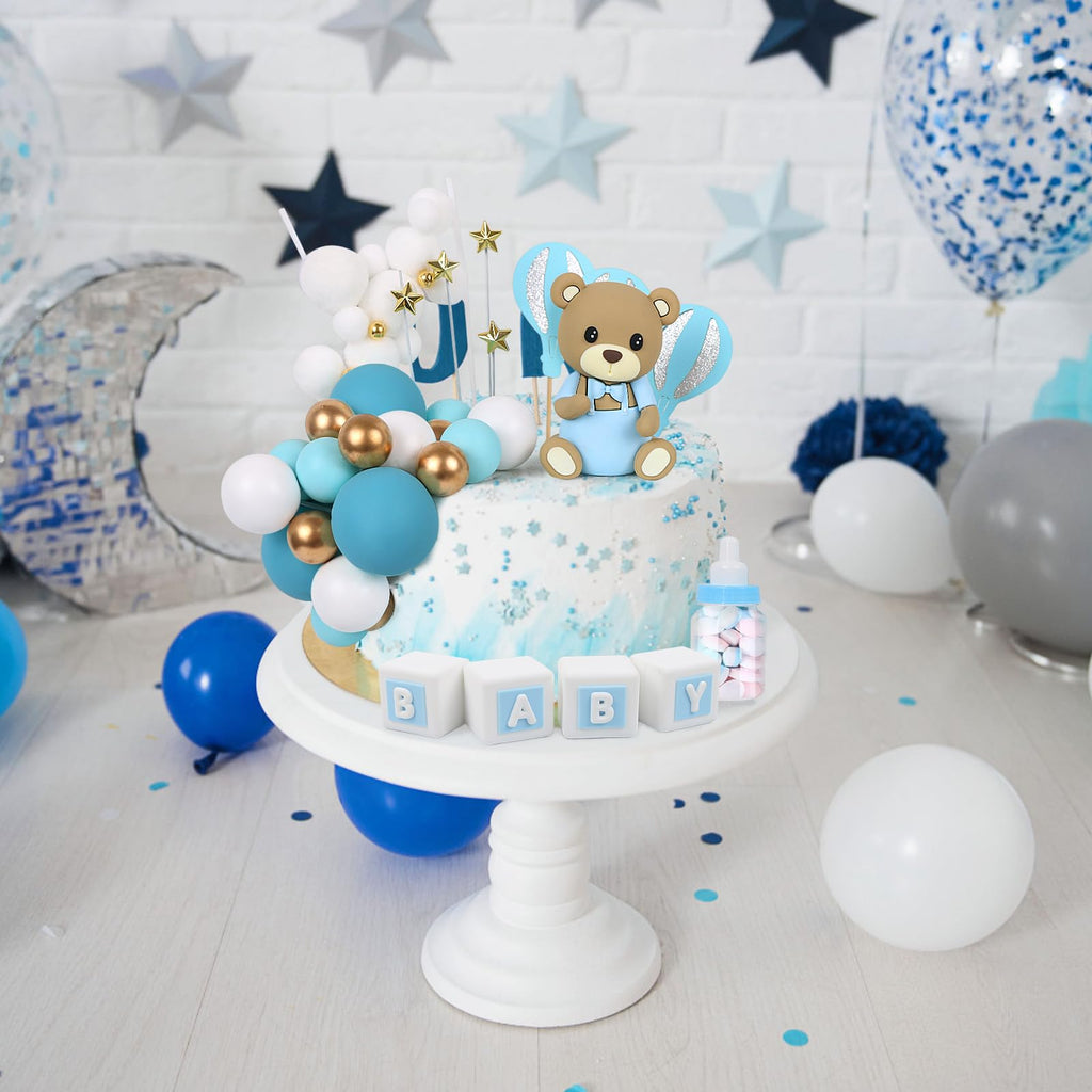 Acmee 44 PCS Bear Cake Toppers – Blue Bears, BABY Letters & Milk Bottle Decor