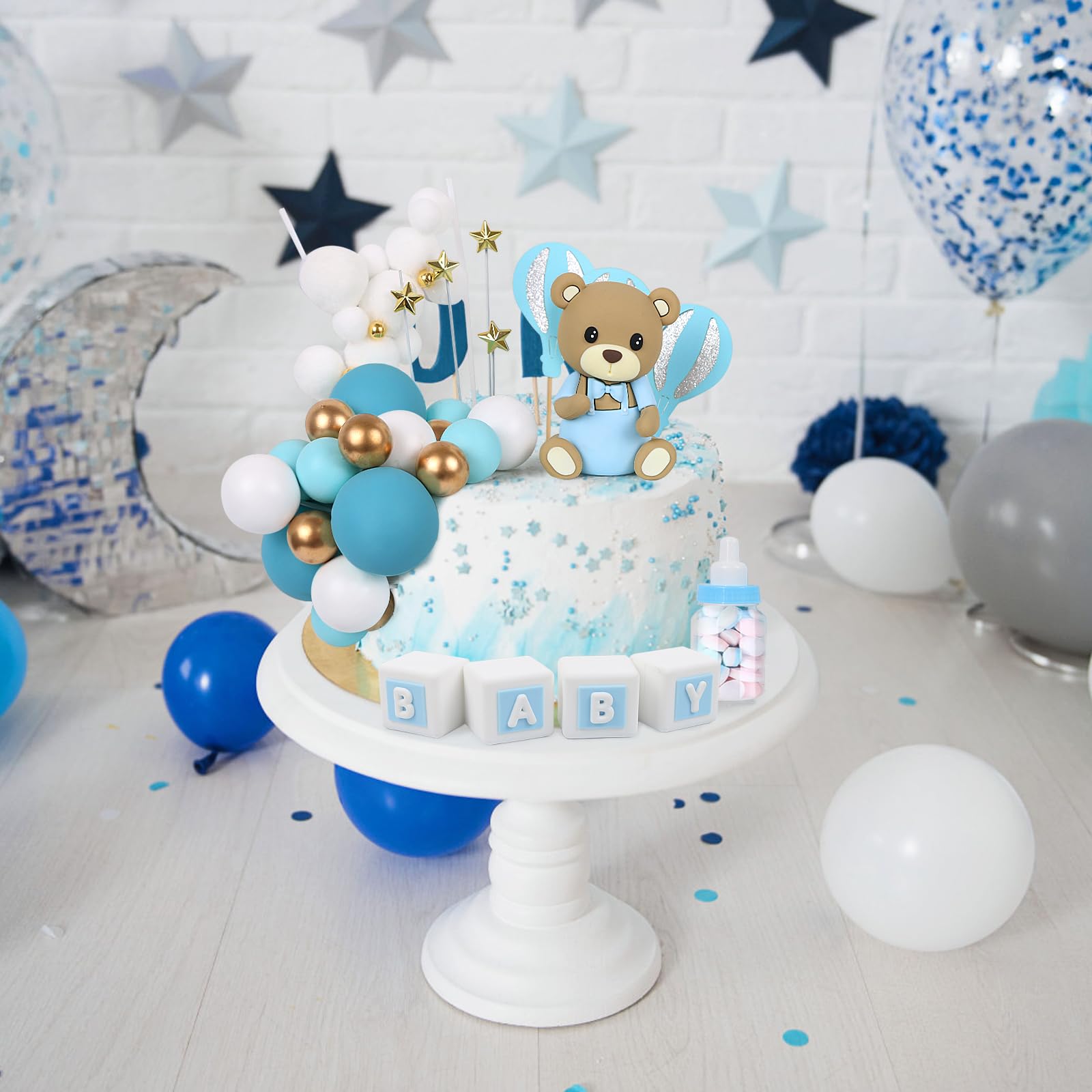 Acmee 44 PCS Bear Cake Toppers – Blue Bears, BABY Letters & Milk Bottle Decor