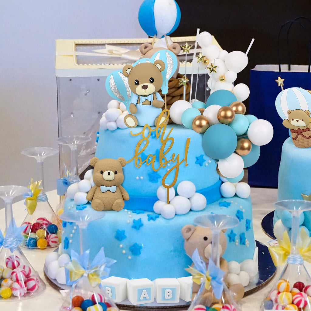Acmee 44 PCS Bear Cake Toppers – Blue Bears, BABY Letters & Milk Bottle Decor