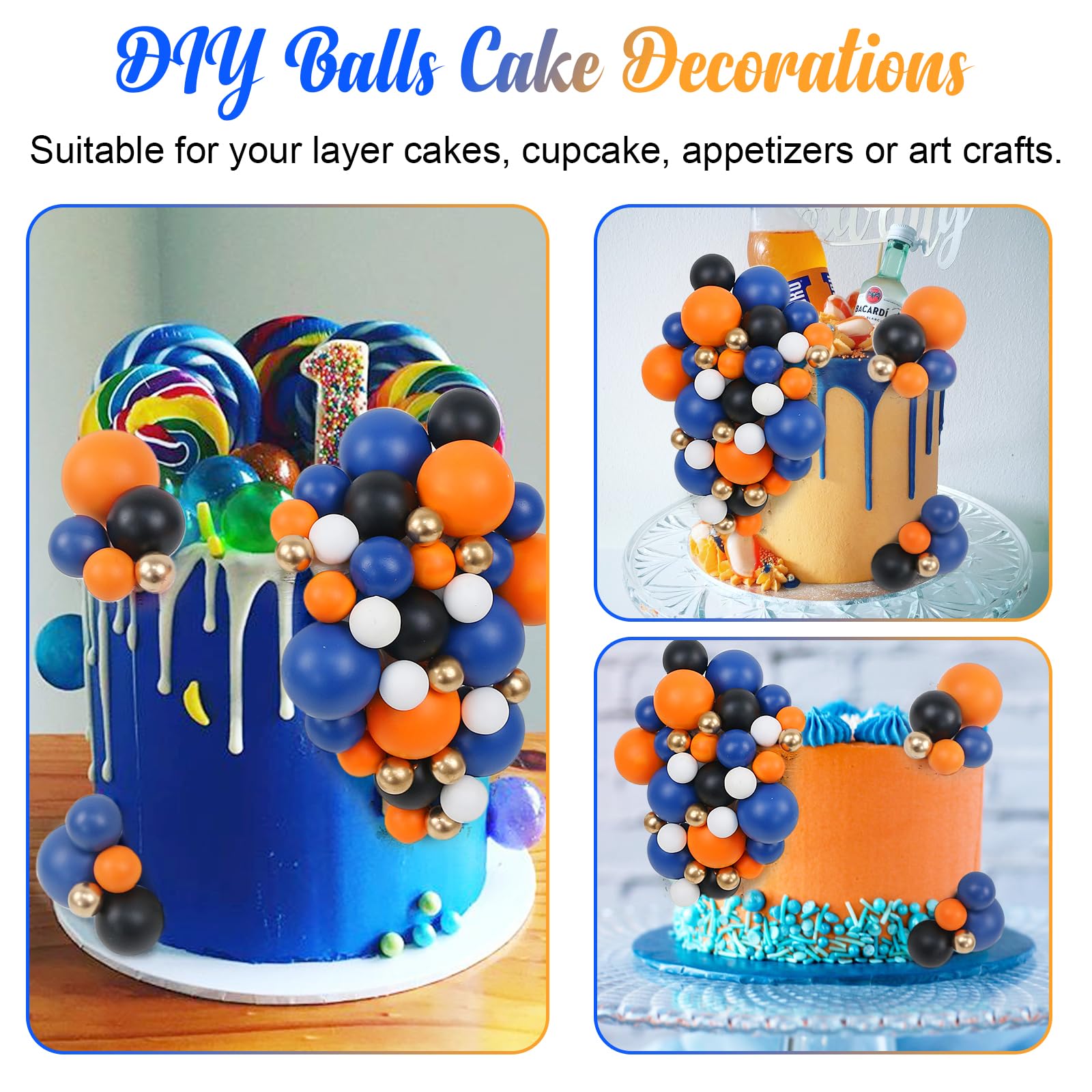 Acmee 115 PCS Ball Cake Toppers – Navy Blue, Orange, White & Gold Foam Ball Picks