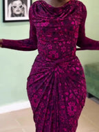 Fuchsia Floral Print Cowl Neck Waist-Cinched Asymmetrical Maxi Dress