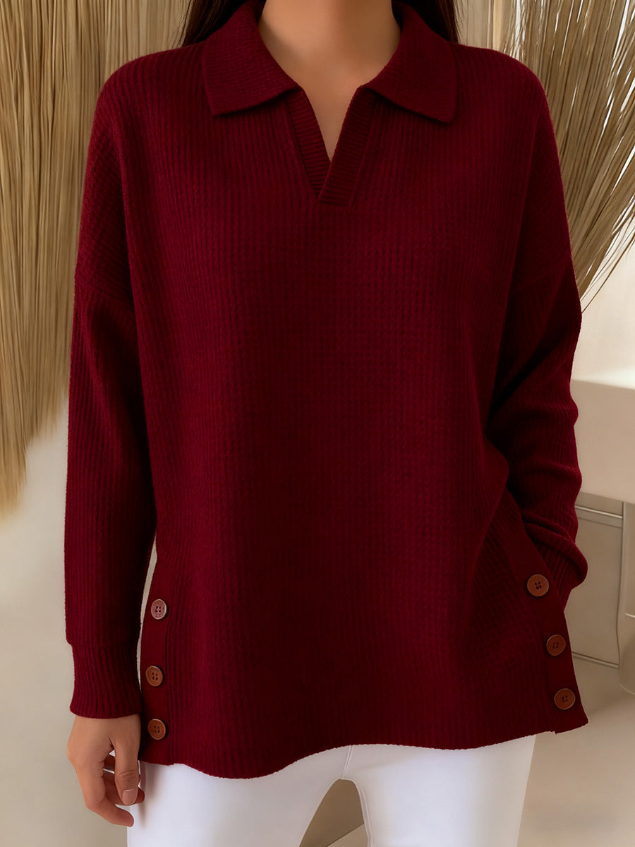 Women's Solid-Color Lapel Pullover Long-Sleeve Top