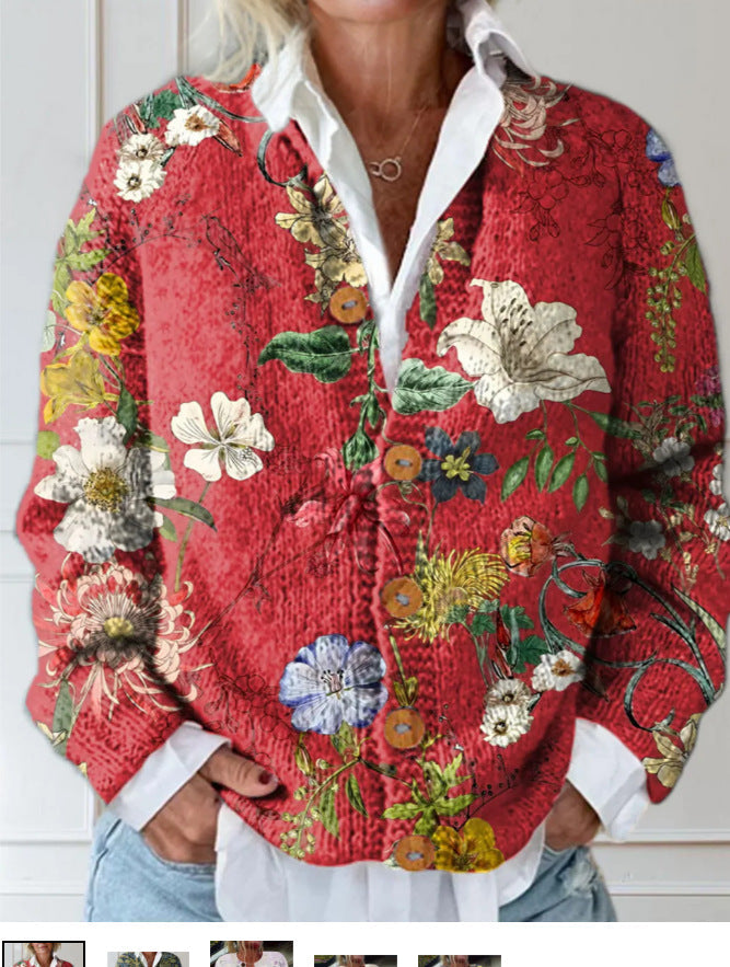 Women's Retro 3D Digital Print Cardigan Sweater Coat