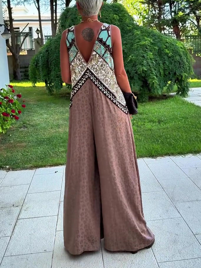 Ethnic Print Paneled Sleeveless Wide-Leg Jumpsuit