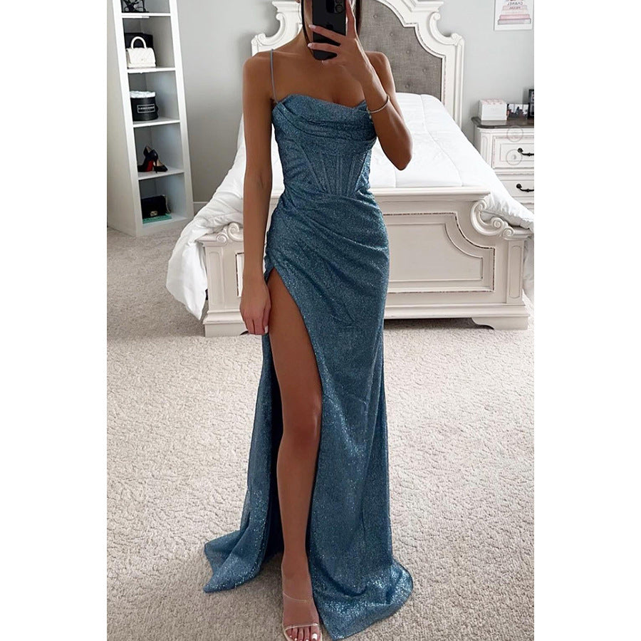Women's V-Neck Split Maxi Dress - Elegant Sleeveless Evening Party Gown