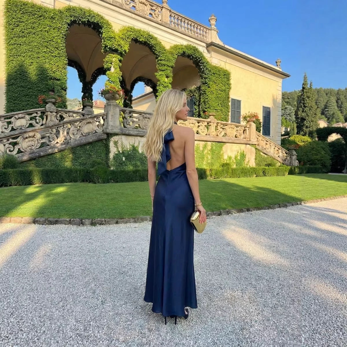 Satin V-neck Backless Bow-tied Mermaid Long Dress