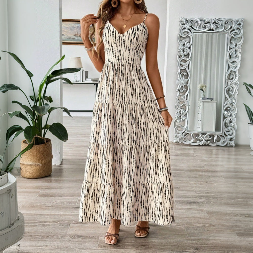 European And American Vacation Style Sling Dress Irregular Stripe Design