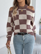 Women's Off-Shoulder Color-Blocked Plaid Lantern Sleeve Sweater