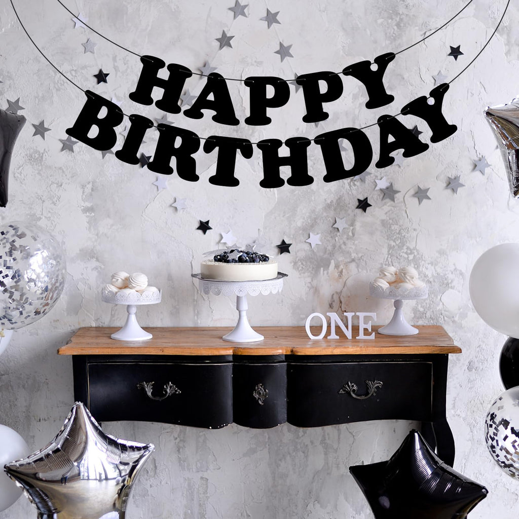 Adecortalk Black Happy Birthday Banner – Elegant Birthday Backdrop & Party Decoration for Kids & Adults