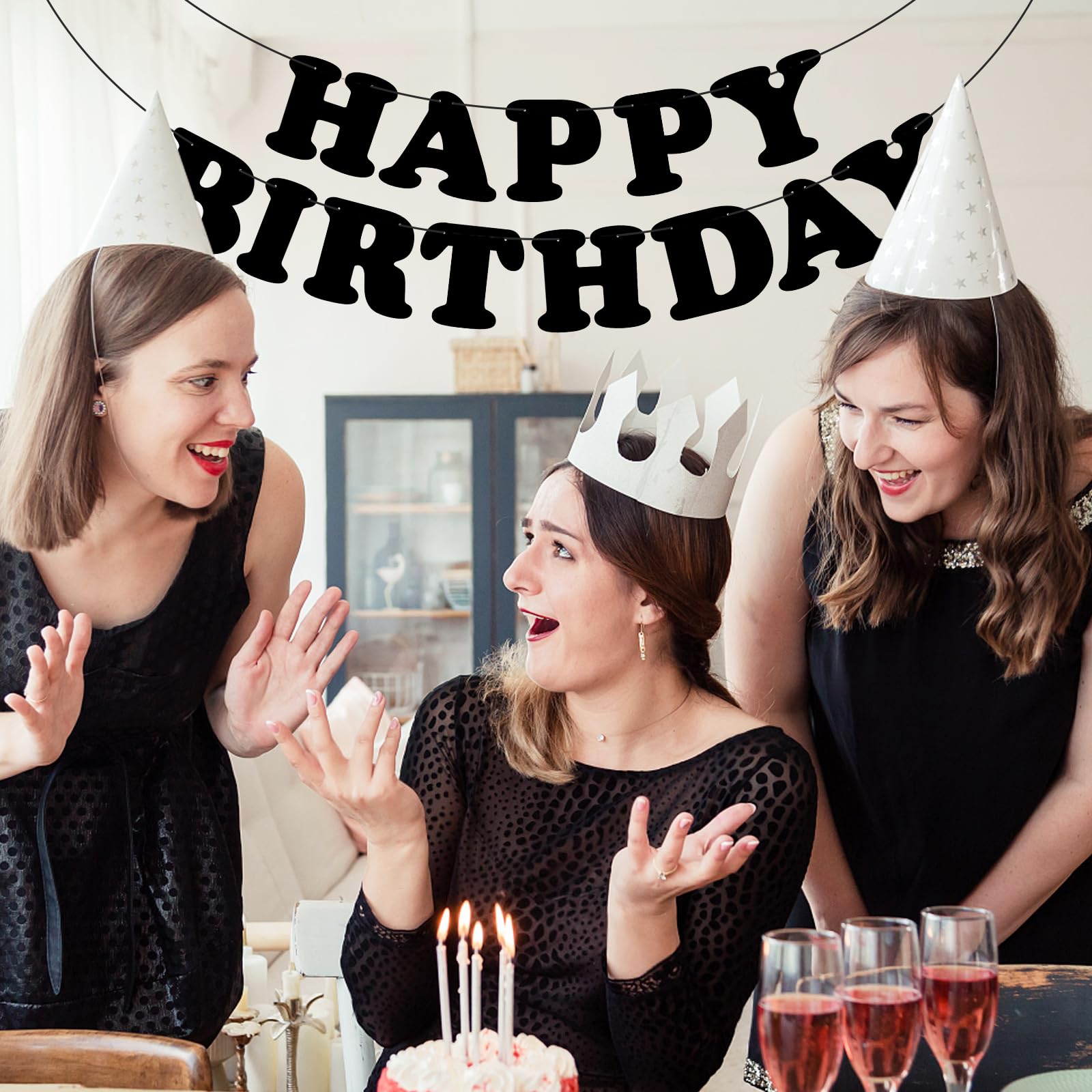 Adecortalk Black Happy Birthday Banner – Elegant Birthday Backdrop & Party Decoration for Kids & Adults