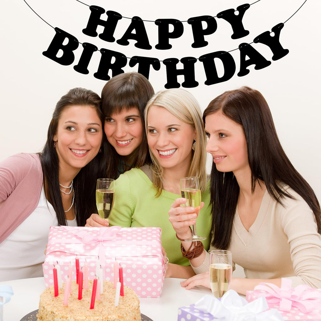 Adecortalk Black Happy Birthday Banner – Elegant Birthday Backdrop & Party Decoration for Kids & Adults