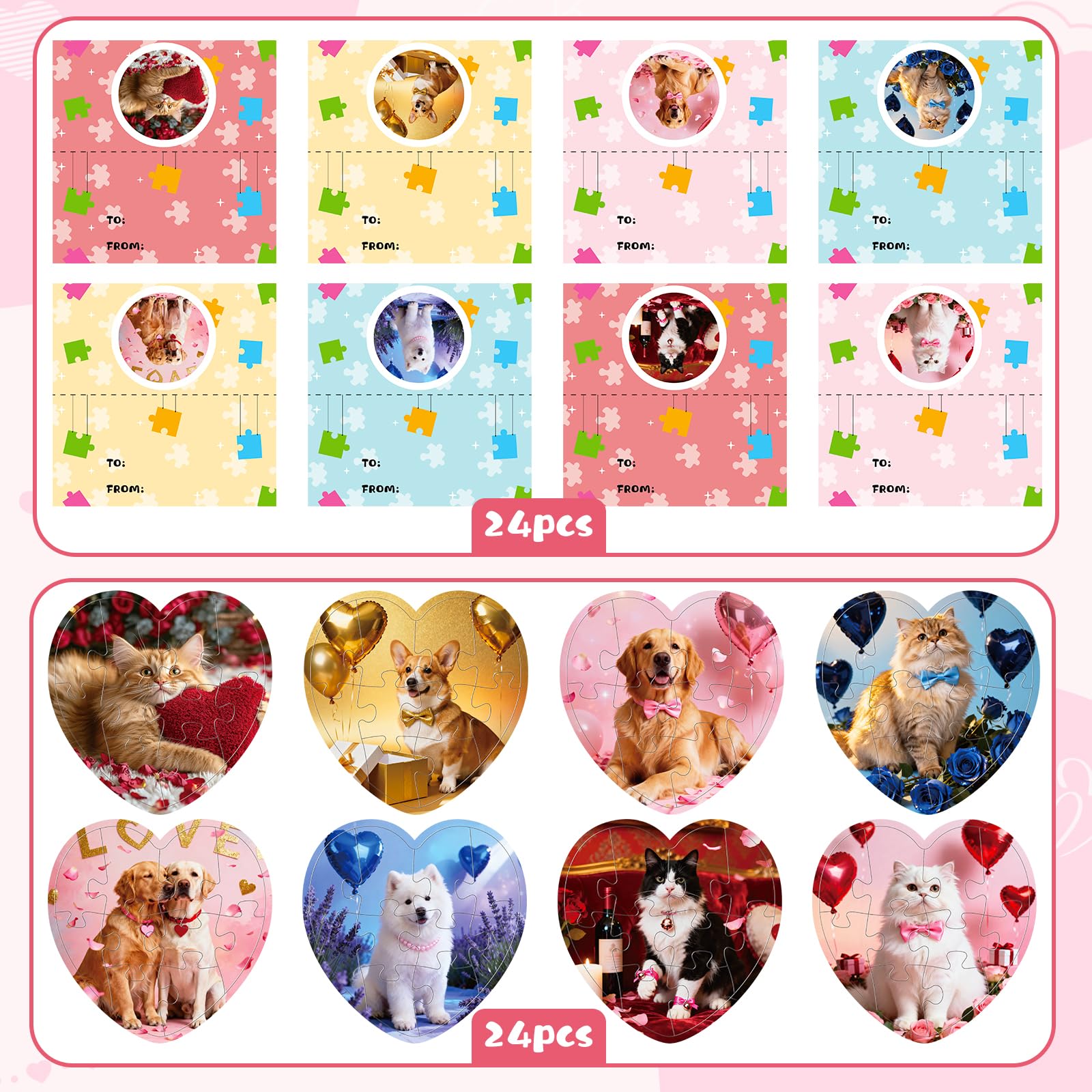 Adecortalk 24 Pcs Valentine's Day Gift Cards with Heart Jigsaw Puzzles – Kids Party Favors & Classroom Prizes