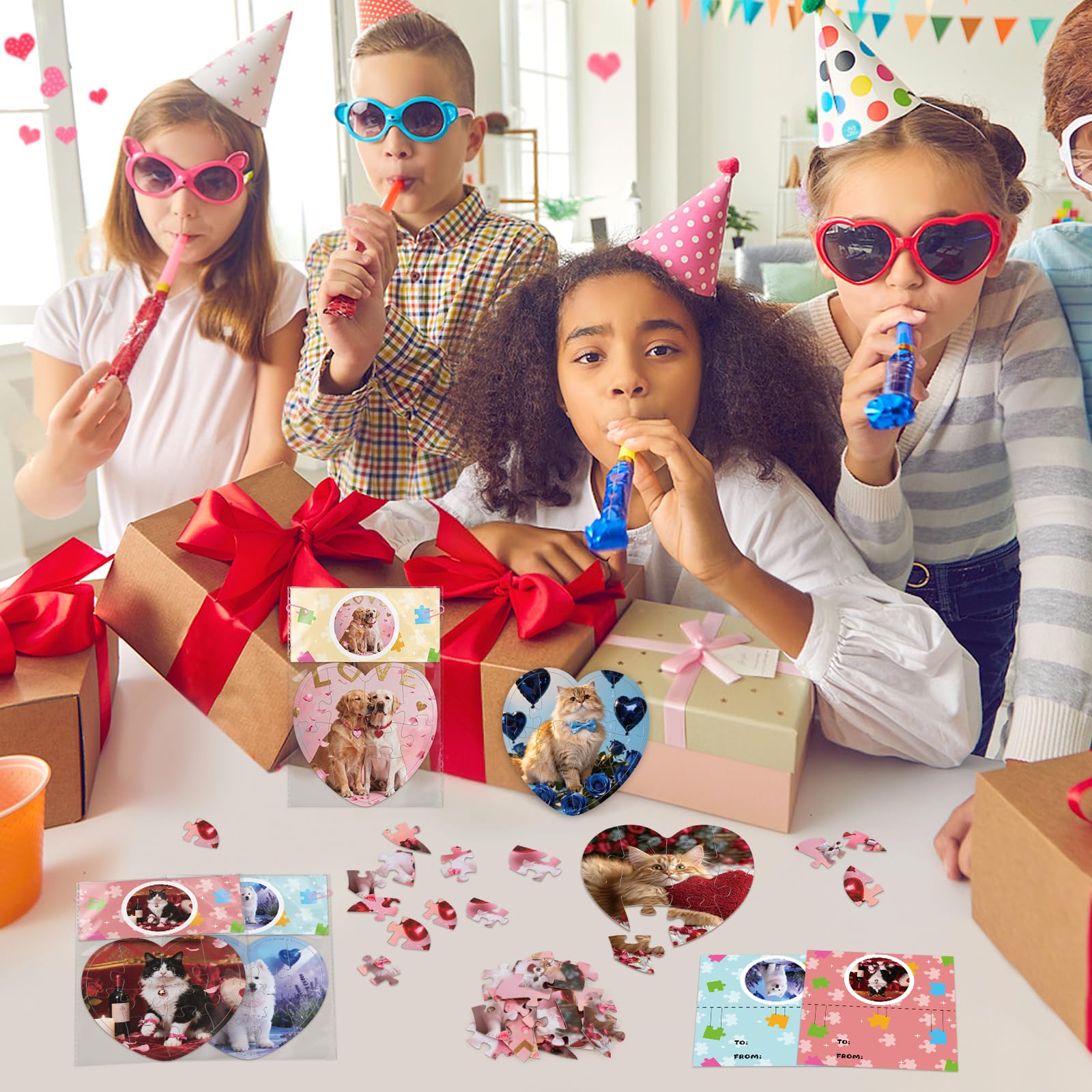 Adecortalk 24 Pcs Valentine's Day Gift Cards with Heart Jigsaw Puzzles – Kids Party Favors & Classroom Prizes