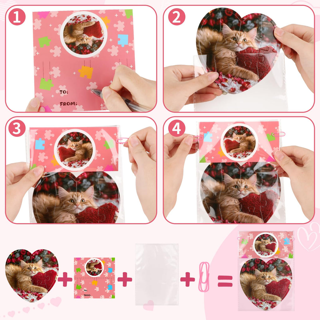 Adecortalk 24 Pcs Valentine's Day Gift Cards with Heart Jigsaw Puzzles – Kids Party Favors & Classroom Prizes