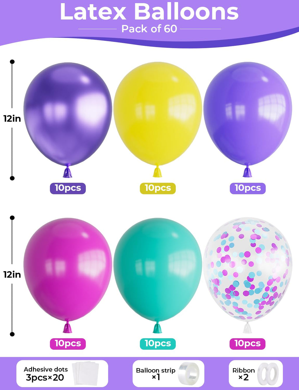 Adeyoo 60 Pcs Confetti Balloons – Pink, Blue, Purple, Teal – 12in Latex Party Decor