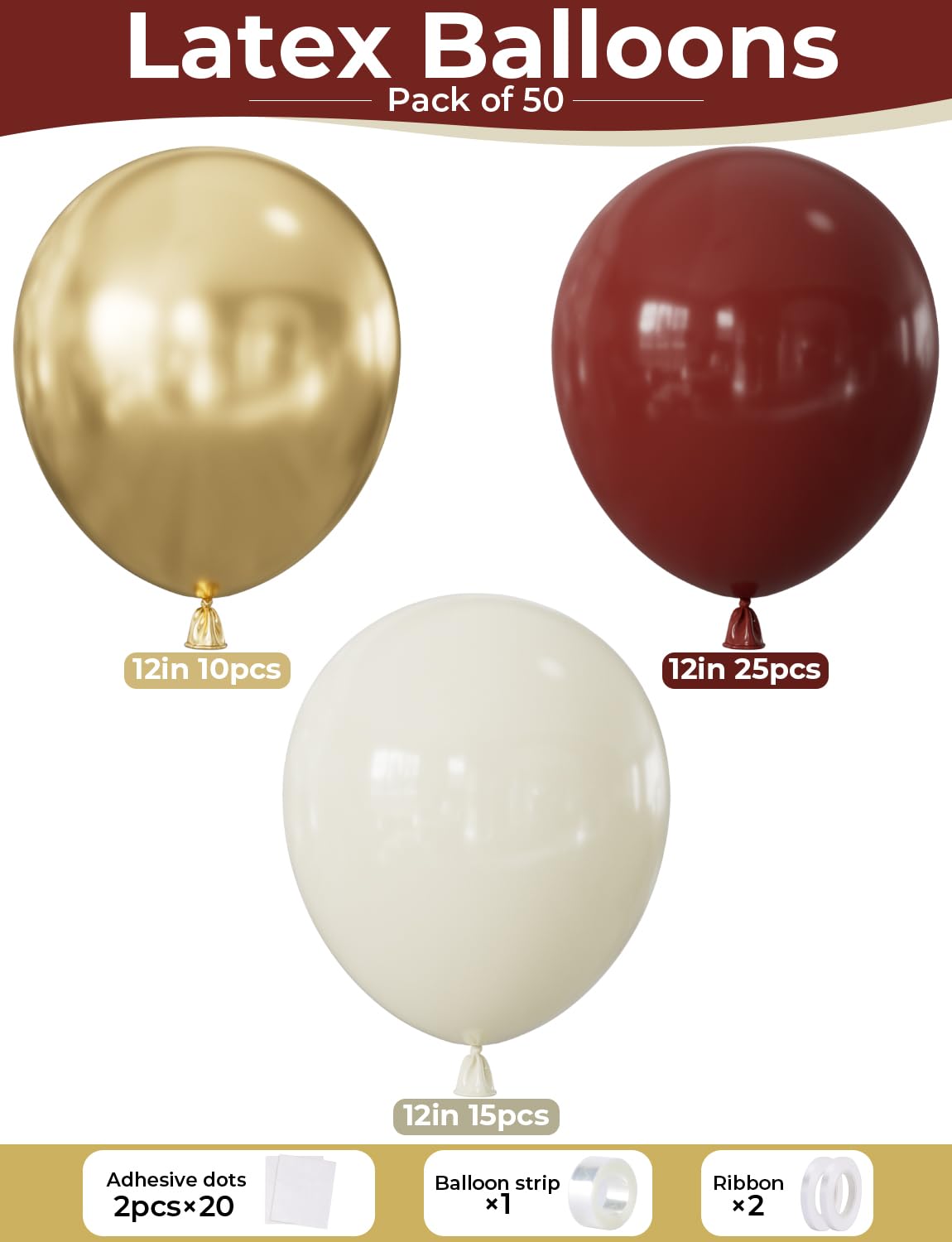 Adeyoo Burgundy & Gold Balloons 50-Piece Set, 12-Inch Glitter Latex – Wedding & Party Decor