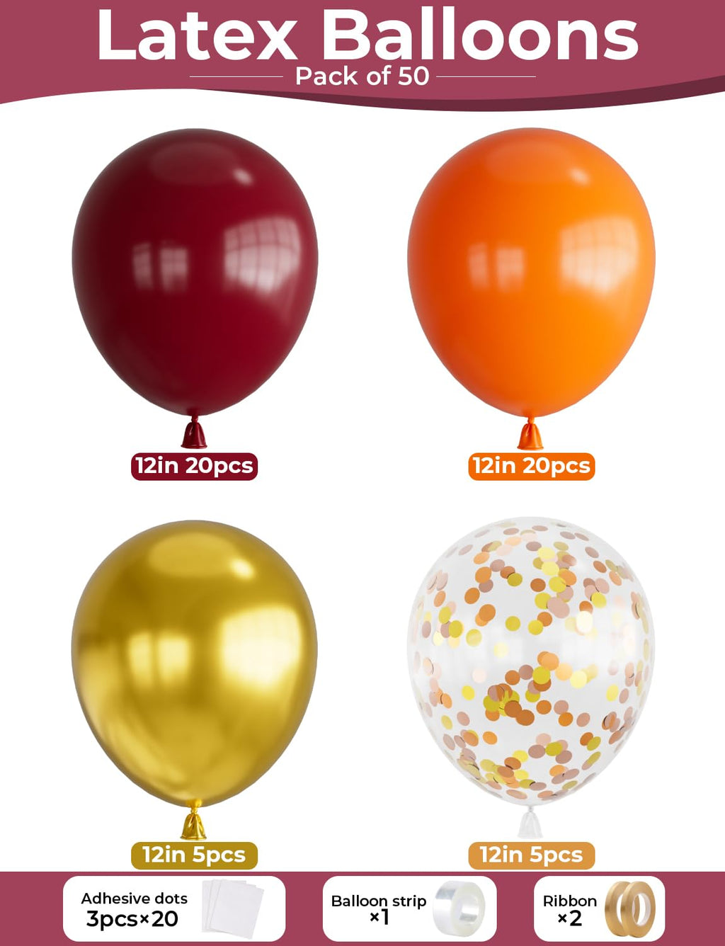 Adeyoo Fall Balloons – 12in Burgundy Orange Gold Confetti Set, 50Pcs for Autumn Thanksgiving & Party Decor