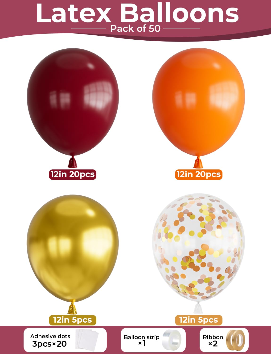 Adeyoo Fall Balloons – 12in Burgundy Orange Gold Confetti Set, 50Pcs for Autumn Thanksgiving & Party Decor