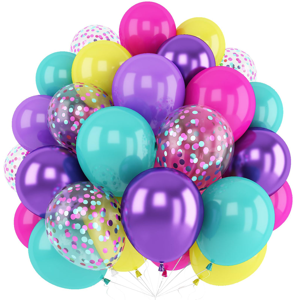 Adeyoo 60 Pcs Confetti Balloons – Pink, Blue, Purple, Teal – 12in Latex Party Decor