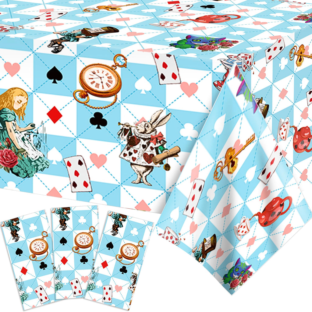 Adirasenotek Wonderland 3Pcs Tablecloths – 87x51-Inch Rectangular Plastic Covers for Kids' Parties