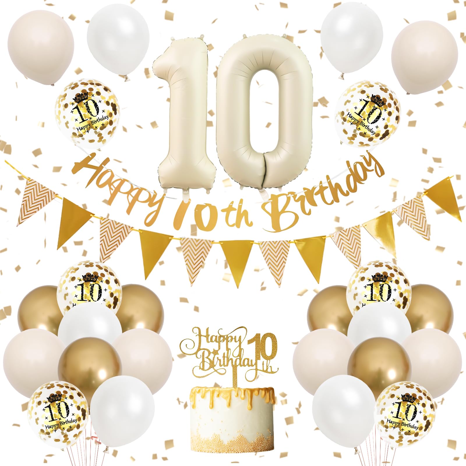Adorely 10th Birthday Decorations – Sand White Gold Balloon Kit & Banner