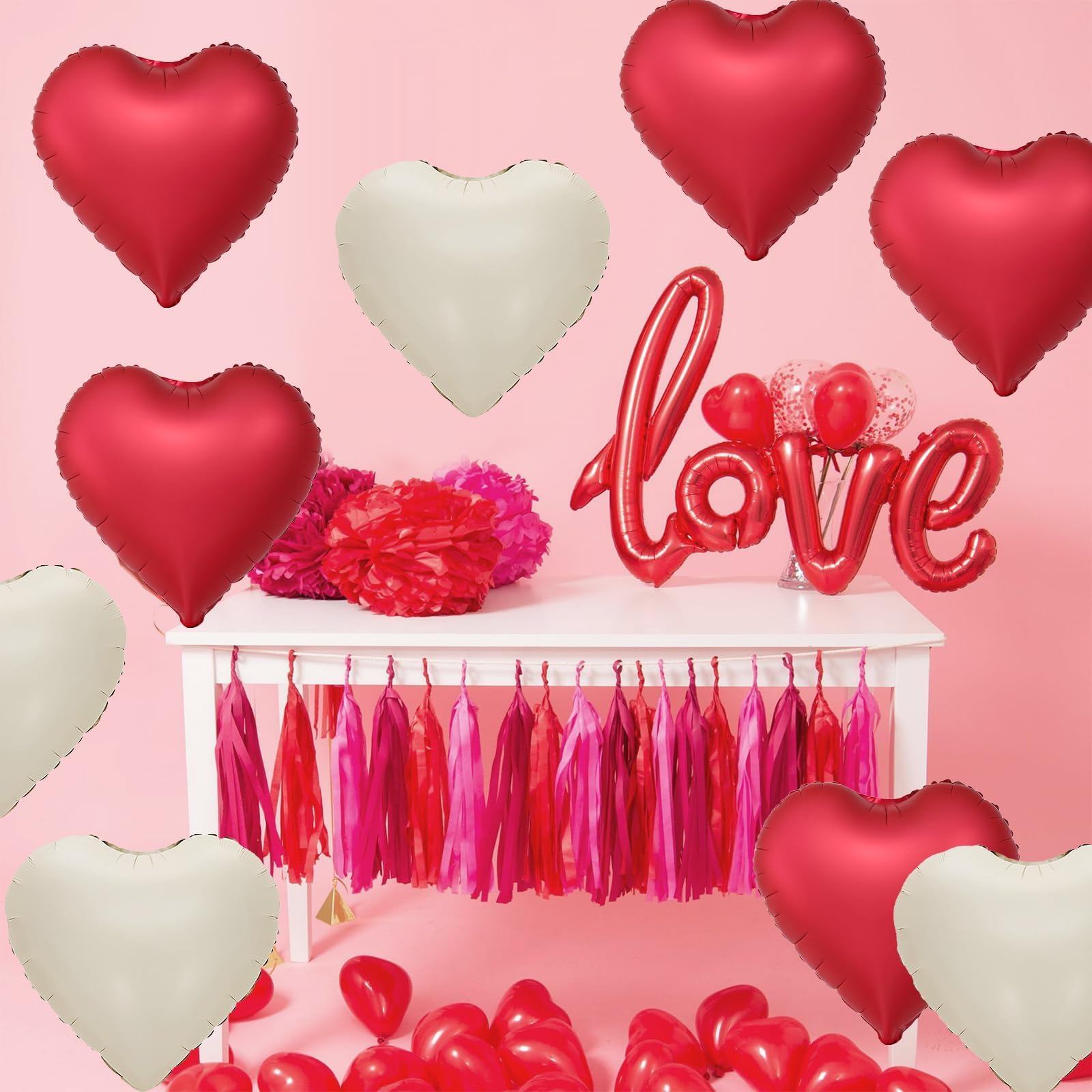 Adorely Red & Cream White Heart Balloons – 12Pcs 18-Inch Metallic Foil Hearts for Parties