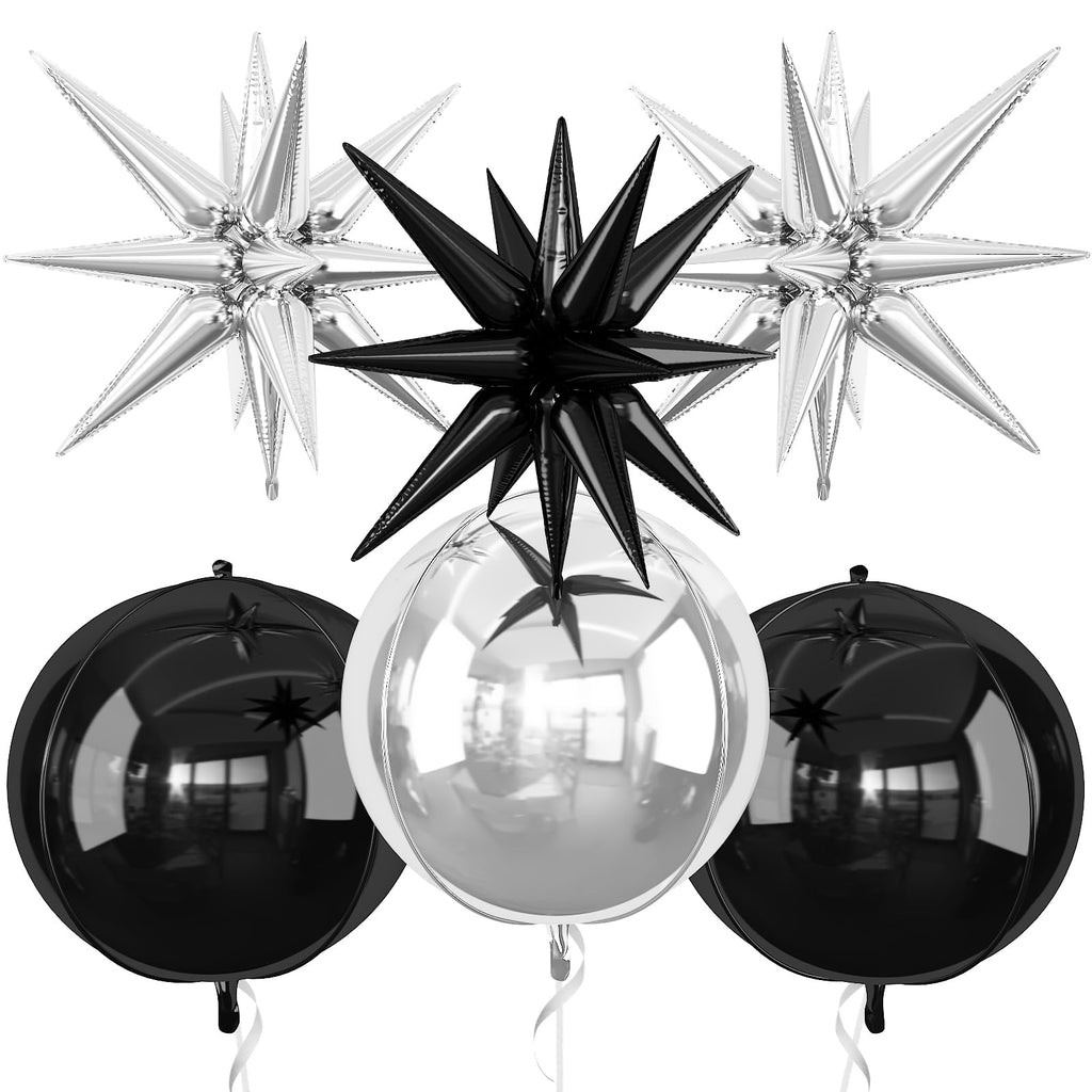 Adorely 6Pcs Black Silver 22in Foil Balloons – 4D Round & Explosion Star Party Decor