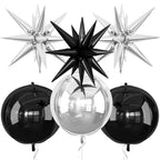 Adorely 6Pcs Black Silver 22in Foil Balloons – 4D Round & Explosion Star Party Decor