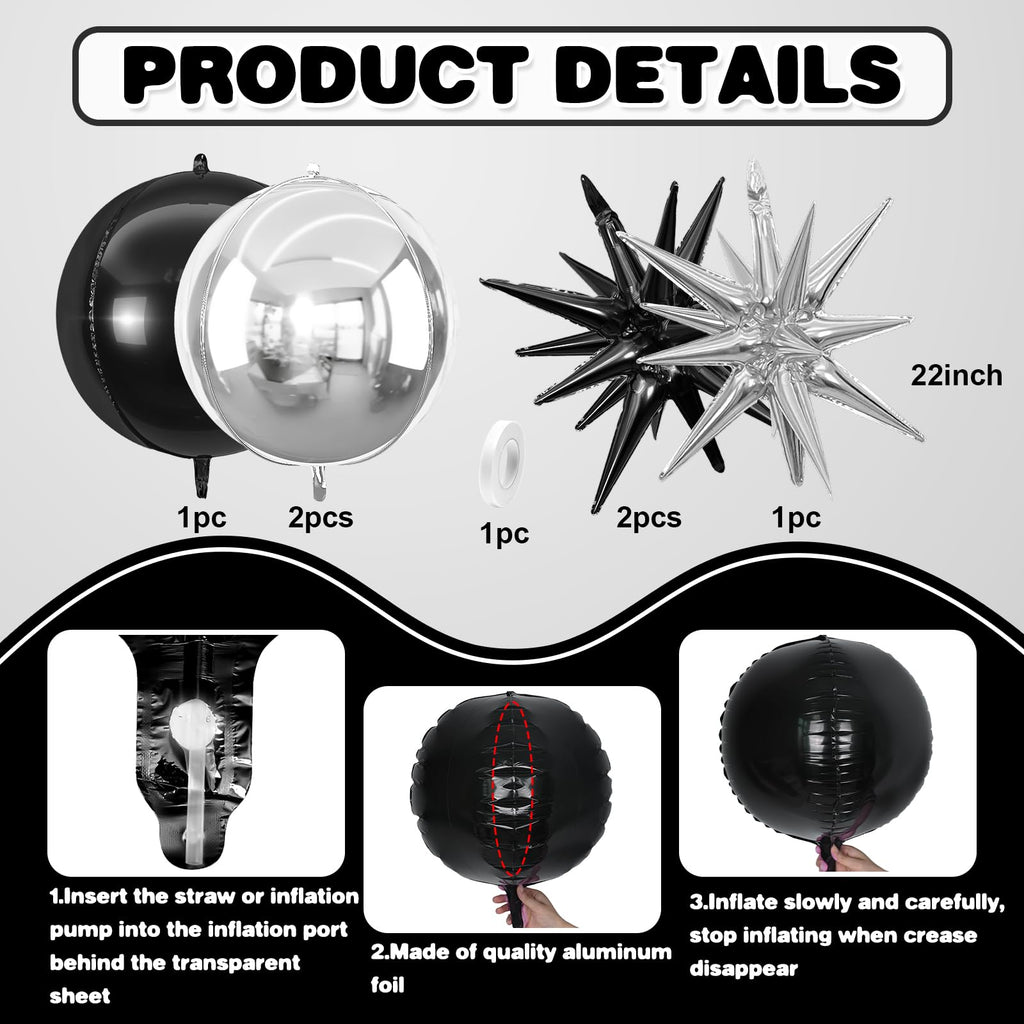 Adorely 6Pcs Black Silver 22in Foil Balloons – 4D Round & Explosion Star Party Decor