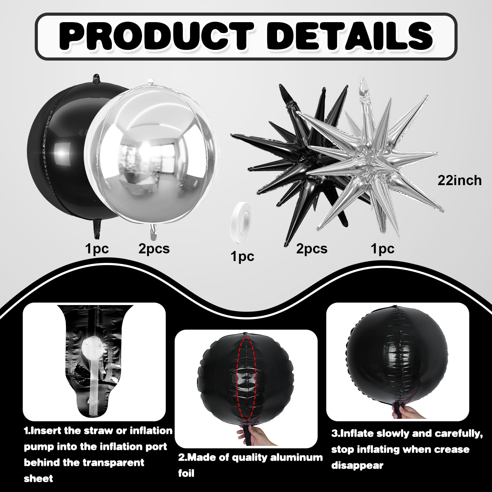 Adorely 6Pcs Black Silver 22in Foil Balloons – 4D Round & Explosion Star Party Decor