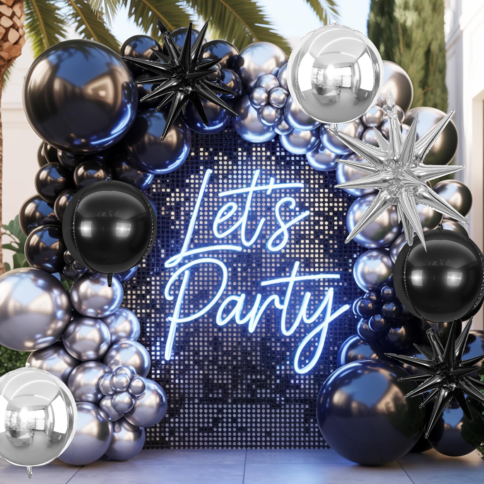 Adorely 6Pcs Black Silver 22in Foil Balloons – 4D Round & Explosion Star Party Decor